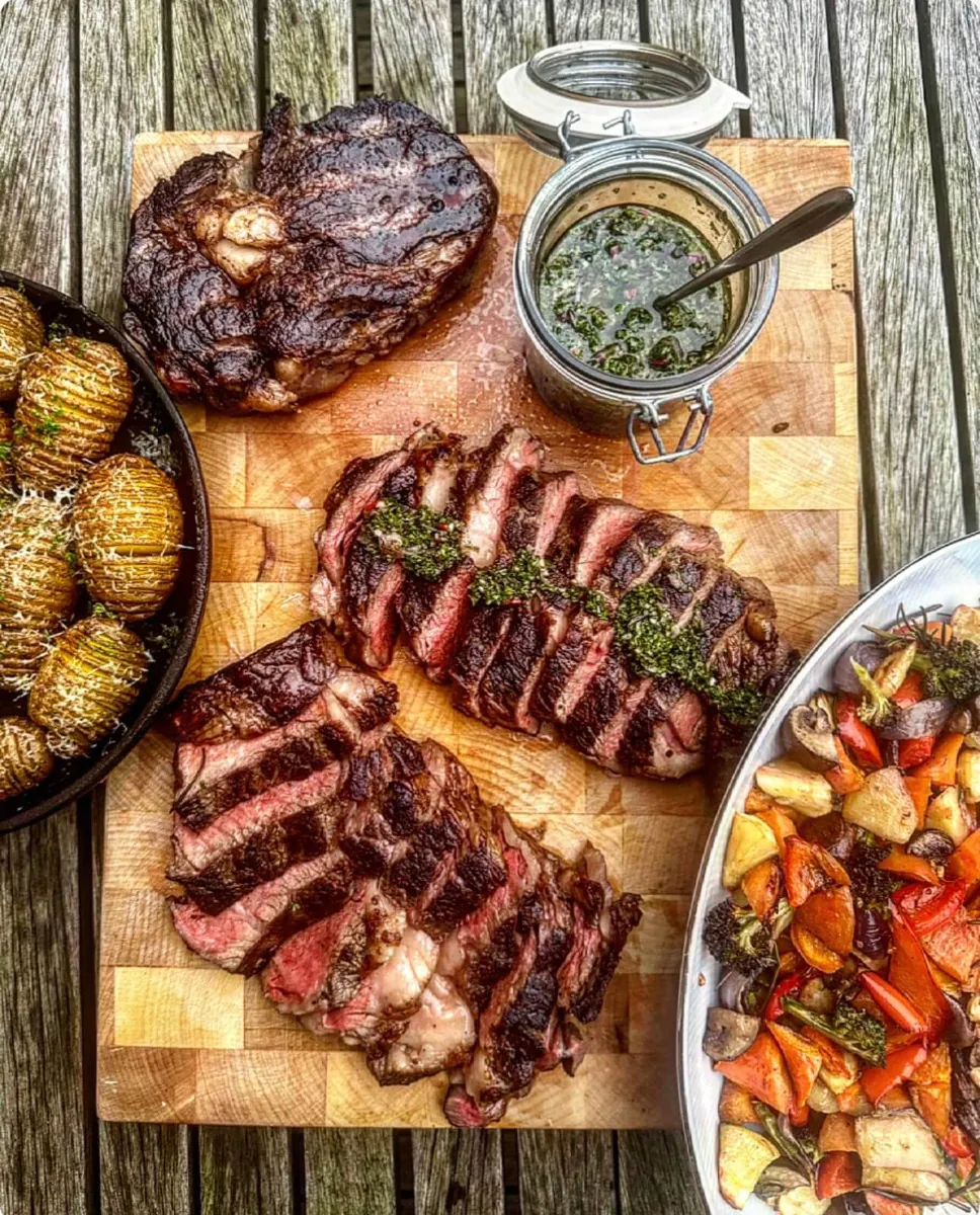 Ribeye met geroosterde groenten, hasselback aardappelen en chimichurri